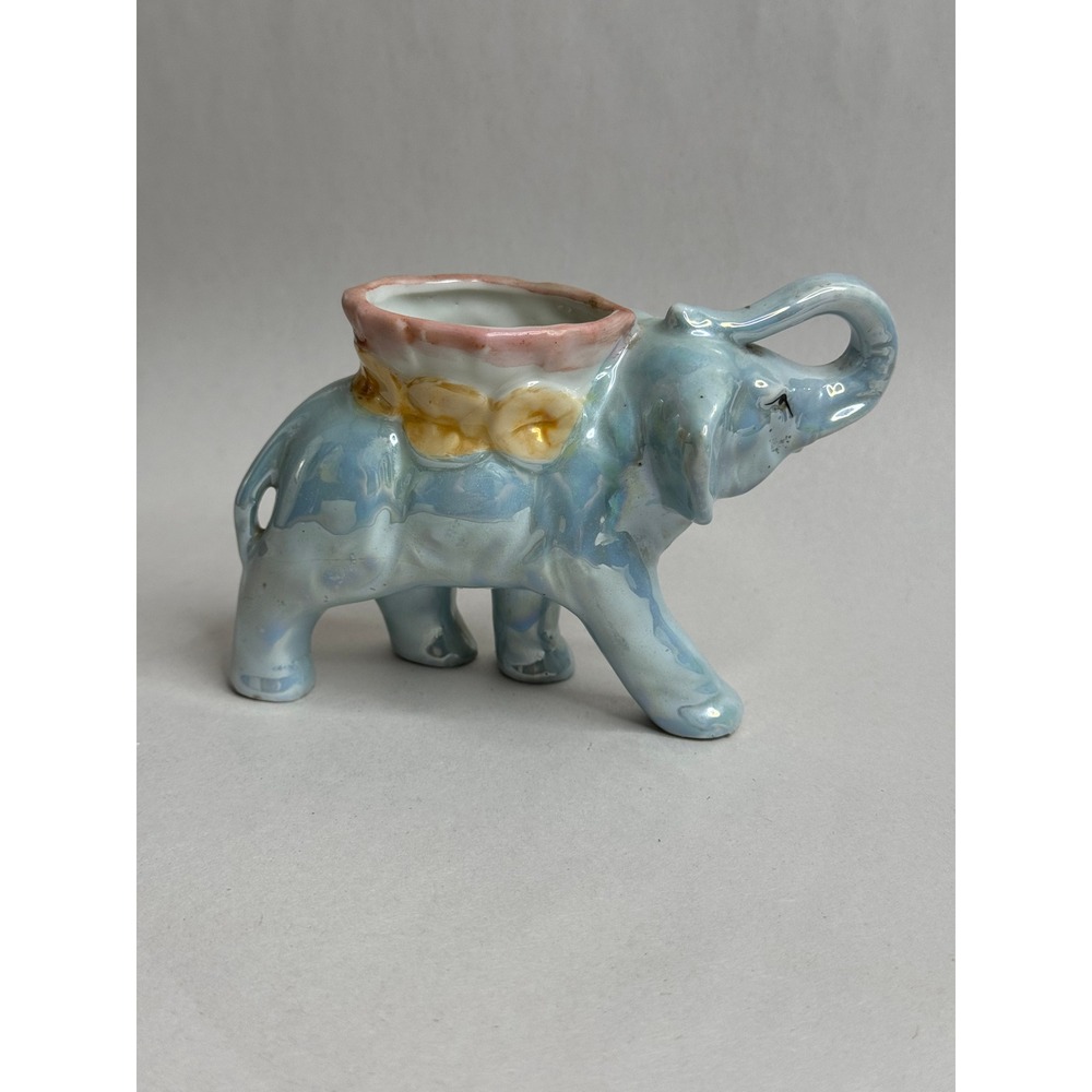 Vintage Blue Iridescent Elephant Planter Pot Holder Made in Japan Ceramic